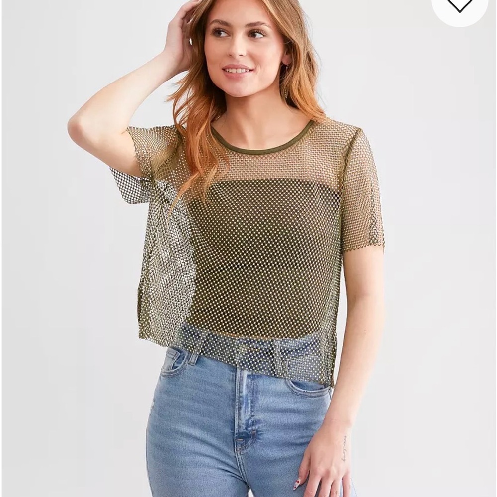 Olive Green Rhinestone Mesh Crop Tee